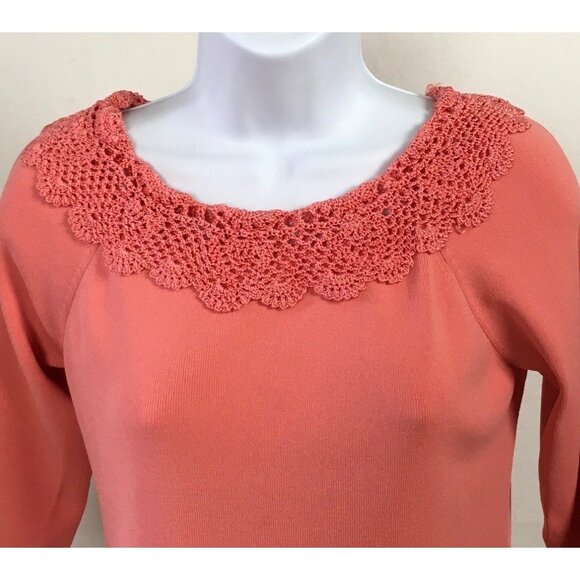 J A C Womens Top Size XS Knit Coral 3/4 Sleeve Top With Crochet Neckline - Picture 3 of 14